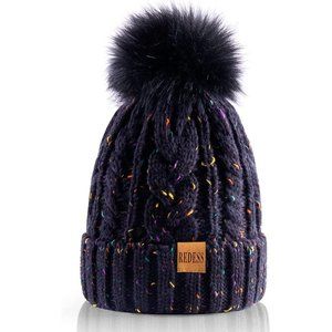 Womens Winter Warm Fleece Lined Knitted Soft Ski Cuff Beanie Hat with Pom Pom